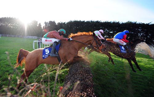 Leanne takes a fence behind Trafford Lad (no.4) and<br>the partly-hidden The Midnight Club