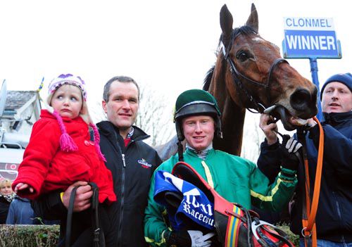 Liam Casey, holding his daughter Lily, and Paddy Mangan<br>after the success of Betterthanalright