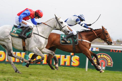 Oscar Whisky pictured beating Thousand Stars in the Aintree Hurdle earlier this year