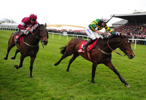 Alderwood pictured beating Trifolium at the Punchestown Festival last year