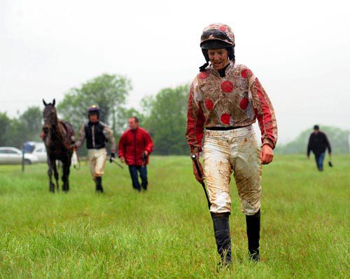 Rachel in her amateur days walking back after a fall in a Kinsale P-To-P in 2012