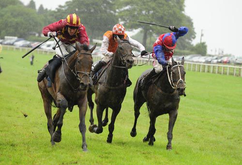 Miradane, left, holds on at Ballinrobe with Martin Ferris in the saddle