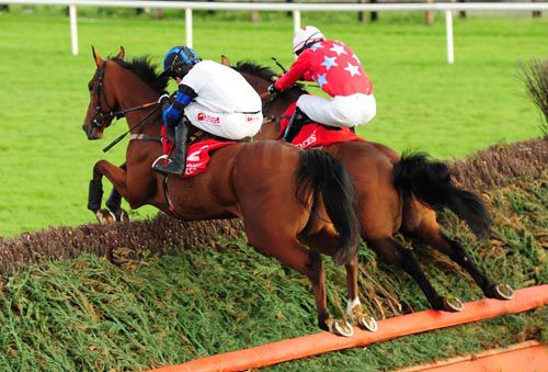 Paddy O Dee & Fosters Cross (nearside) take a fence in unison at Galway