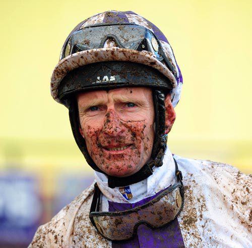 A mud splattered Kevin Manning after winning aboard Beyond Thankful in the opener at Roscommon