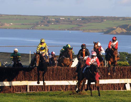 Ainm Spartacus leads the field at the fifth last with eventual winner Bangonform (blue & yellow) jumping