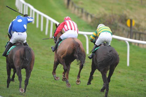 Urban Gale (nearside), Rookery Rebel (centre) & Clancy Strand (green & gold) battle it out