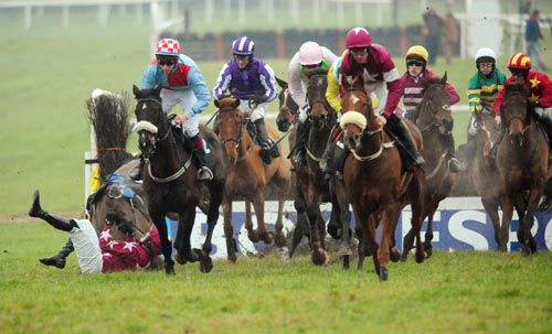 Fla's Long Shot crashes out at the first as Make A Track (Gigginstown colours) leads the way under Davy Russell