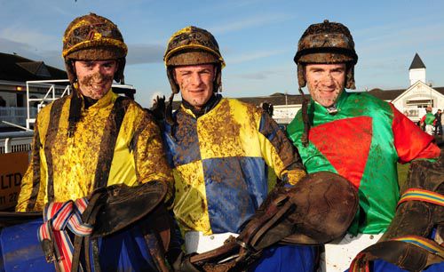 The first three jockeys home in the opener at Limerick, from left to right; Emmet Mullins, Mick Darcy & Brian O'Connell