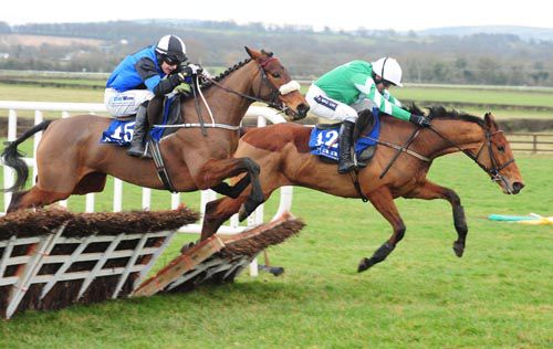 Eventual winner Jennies Jewel (nearside) battles it out with Upazo at Naas