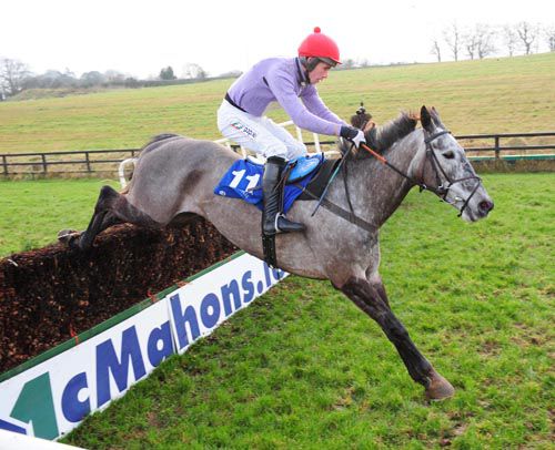 Zekarya and Derek O'Connor are clear over the last fence