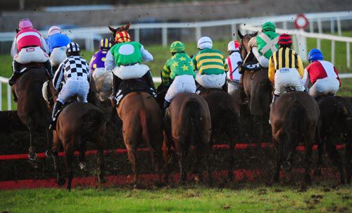 Space is at a premium as the runners negotiate a fence at Thurles.  Winner Letterlee Star (with disc)