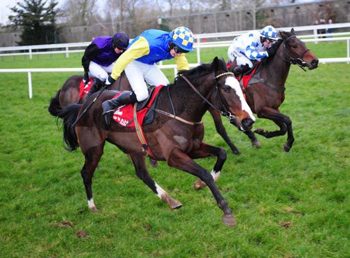 The white faced Kymin's Way is driven out by Johnny O'Neill from Silverpockets (blue & white) & Shuilamach