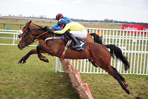 Sammy Black, yellow, puts in a great leap at Fairyhouse