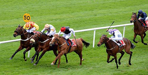 Ondeafears (second left) challenges late between horses for Shane Foley