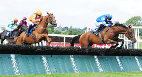 John The Soldier, right, jumps the last ahead of Limpopo Tom