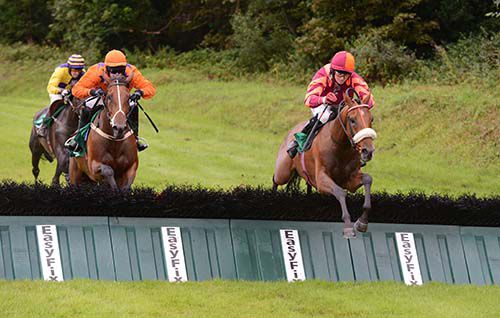 Scarlet Prince (right) jumps the last just ahead of Cheyenne Girl