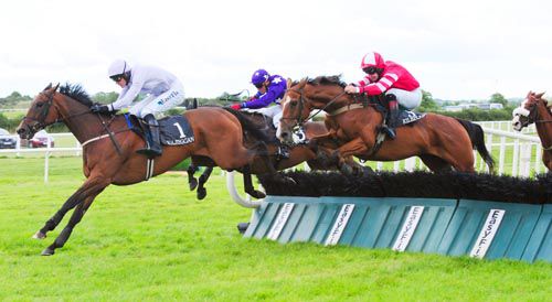 Vinniespride (red/white colours) jumps the last behind Fantasy King