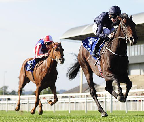 Geoffrey Chaucer and Joseph O'Brien on their way to victory, with Altruistic back in third