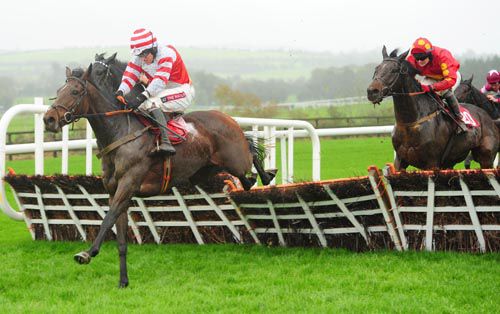 Mrs Mac Veale on the way to beating World Citizen (mostly hidden), Shantalla and Volt Sun at Punchestown