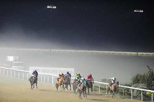 Maontri (blue hood) on her way to scoring at a misty Dundalk