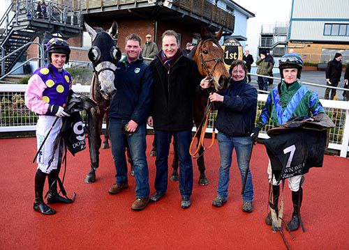 Philip Rothwell (centre) pictured with Mark Me Up & Popaflora (grey) and winning rider Andrew Ring (right)