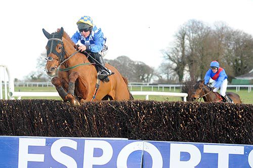 Way Up In The Air (Phillip Enright) clears the final fence from Some Benefit (Rob Geoghegan) at Thurles