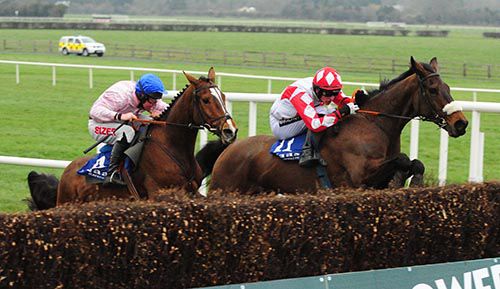 Gallant Oscar (Danny Mullins) leads at the last in the Leinster National from Los Amigos (Andrew Lynch)