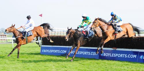 Golden Wonder lands over the last in front, with Shutthefrontdoor (centre) and Saoirse Dun just behind
