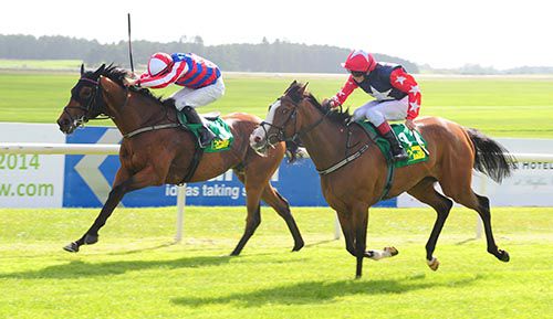 Urban Moon and Niall McCullagh (inside) hold off the challenge of Kabjoy under Conor Hoban