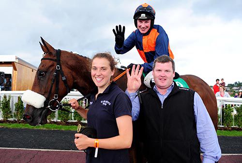 Nina Carberry, Gordon Elliott and groom Emma Flynn celebrate the four-timer with Tom's Article 