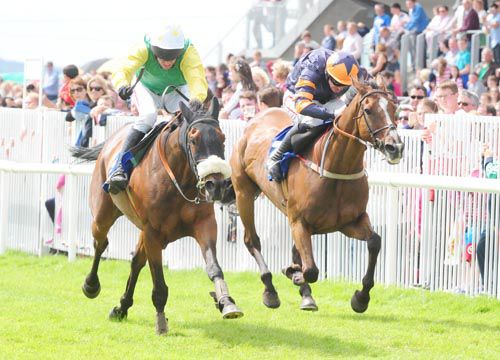 Ted Veale (nearest) gets the better of Clonbanan Lad 