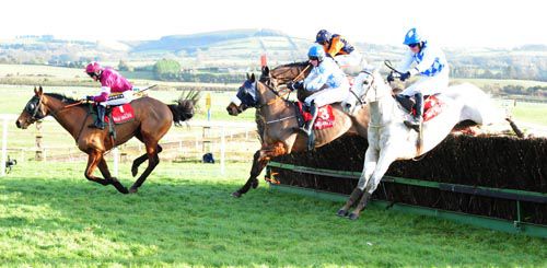 Portrait King (grey on right) and Declan Queally land over the final fence