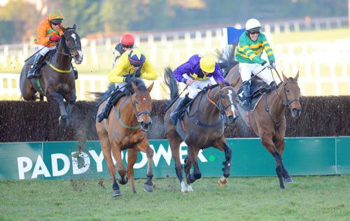 Foxrock (yellow) leads Gold Cup winner Lord Windermere after the last at Leopardstown