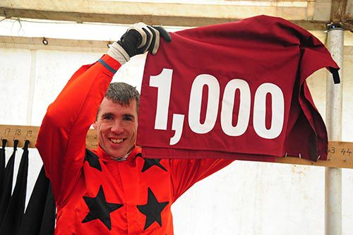 Derek O'Connor celebrating the landmark of 1,000 winners in point-to-points