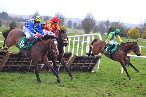 Bog War and David Mullins (right) lead over the last from Cardhu and Dave's Stamper