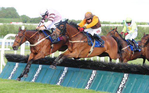 Realta Rathcabhain, left, lands over the last in front of Claiming Benefits