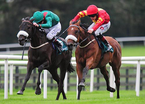 Leigh Roche (red and yellow) gets Zhukova home from Almela (Pat Smullen) at Galway