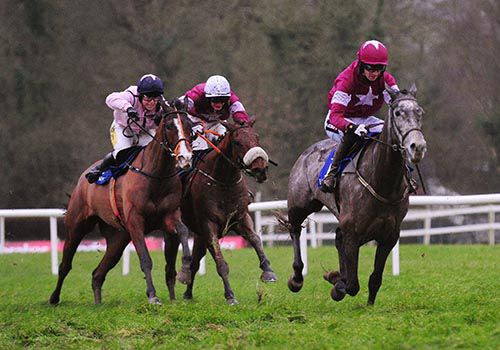 Kate Harrington (pink, nearside) on New To This Town comes to beat Avenir D'une Vie (grey) and Patrick Mullins