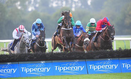 Knockanarrigan, centre, jumps the last on his way to victory