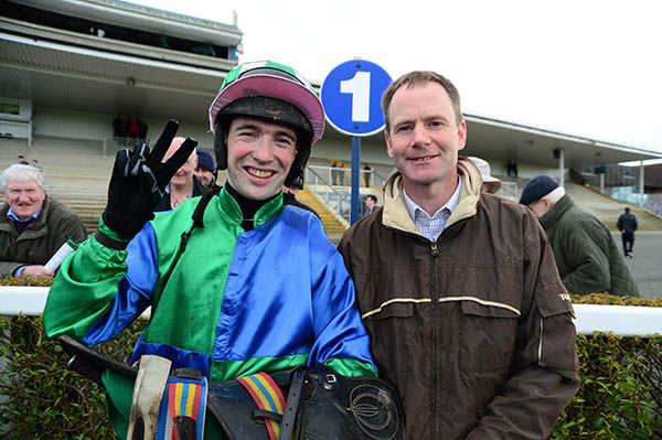 Jockey Jonathan Moore and trainer Tom Gibney following their double, with Stoughan Cross