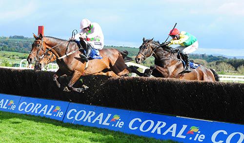 Djakadam (Ruby Walsh) gets the last wrong as  Sizing John readies himself to pounce under Robbie Power