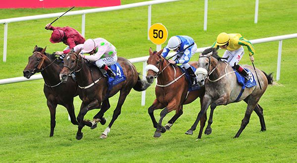 Sea The Lion, second right, winds up his challenge in the Curragh