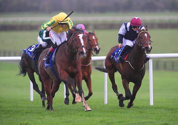 Inscribe (left) and Colin Keane getting the better of Lucky Mistake