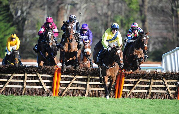 Dicey O'reilly and Dylan Robinson (black cap) on their way to winning the Pigsback.com Maiden Hurdle from Mortal (left)