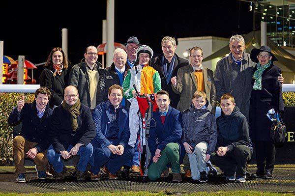 Stephen Thorne (crouching far left) with the Shamrock Thoroughbred owners after Master Speaker's win at Dundalk