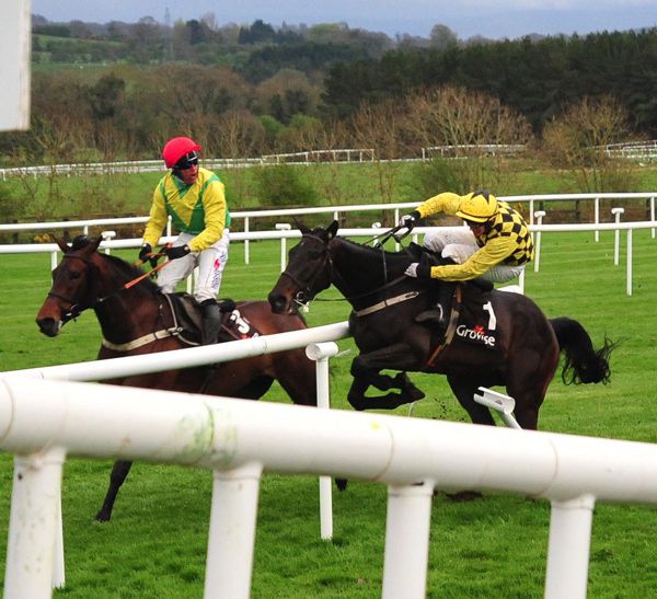 The dramatic moment approaching the last fence of the Growise Champion Novice Chase