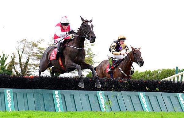 Awayinthewest (nearest) jumps the last in second with eventual third Calie Du Mesnil on her outer
