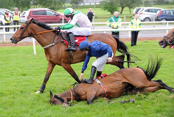 Goose Man (Sean O'Keeffe) races to victory as The West's Awake and Philip Enright crash out (both up ok afterwards)