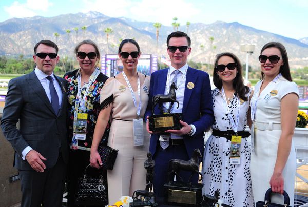 Joseph O'Brien (holding trophy) pictured after the win of Iridessa at Santa Anita 2019