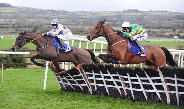 Captain Guinness takes off ahead of Andy Dufresne at the last at Punchestown
